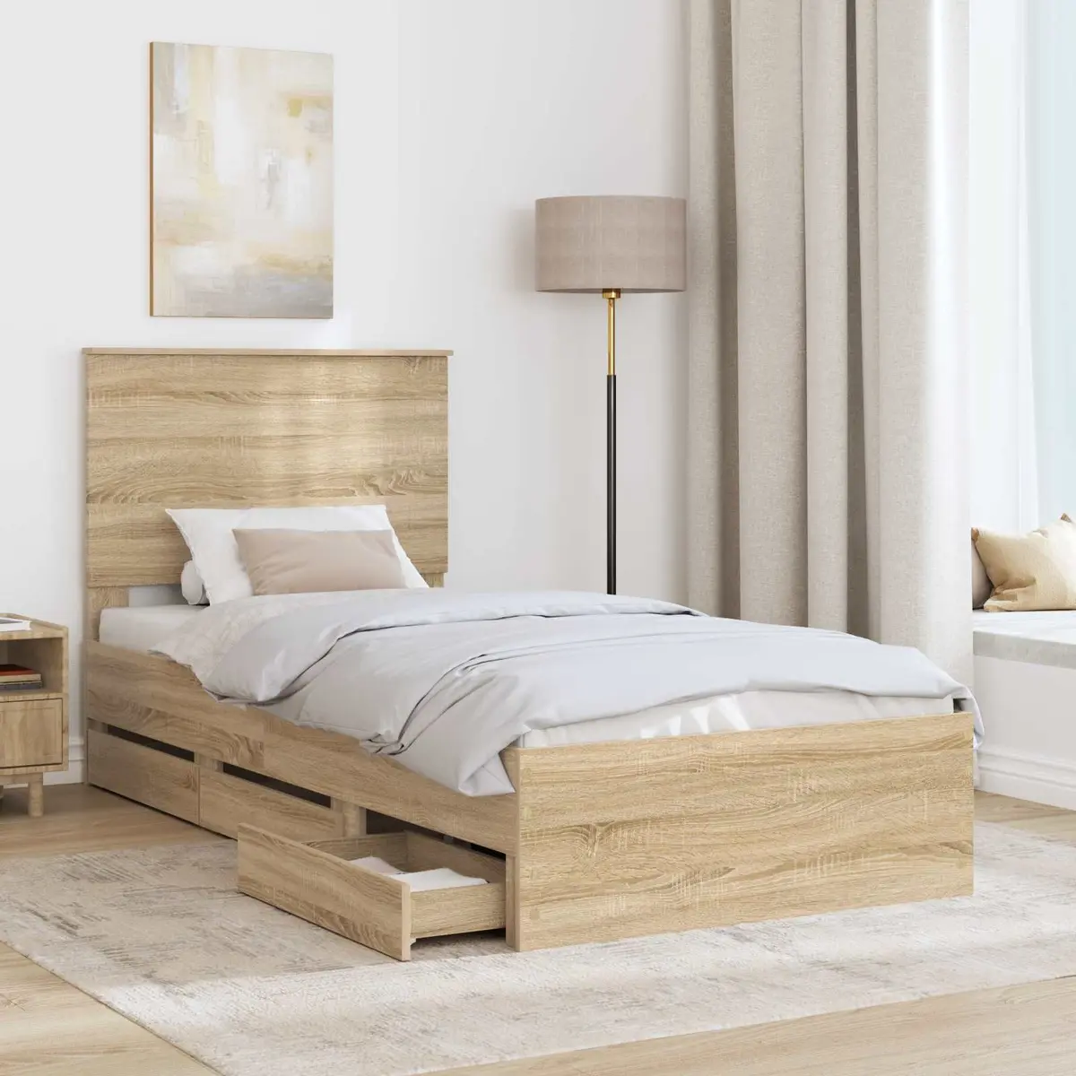 Bed Frame with Storage Drawer Modern 90 x 190 cm Brown Sonoma Oak Engineered Wood