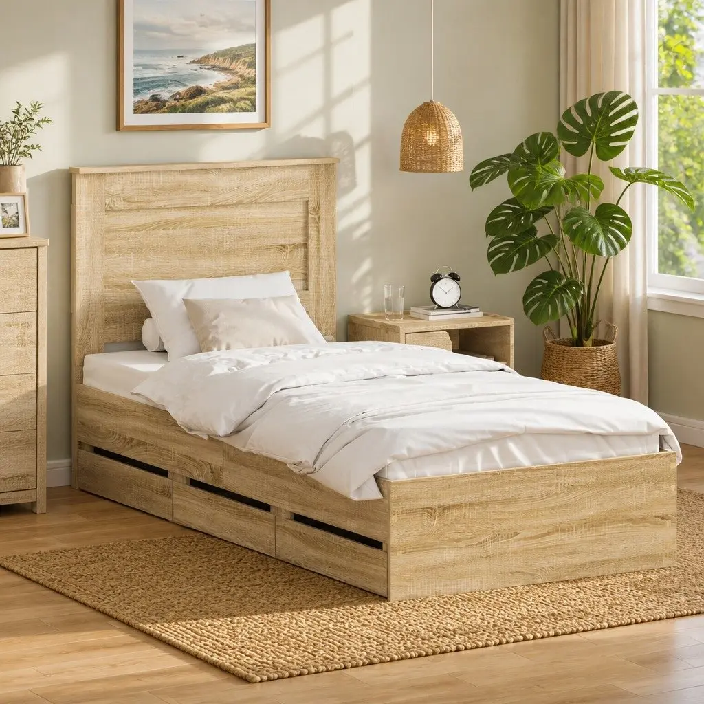 Bed Frame with Storage Drawer Engineered Wood 90 x 190 cm Modern Brown