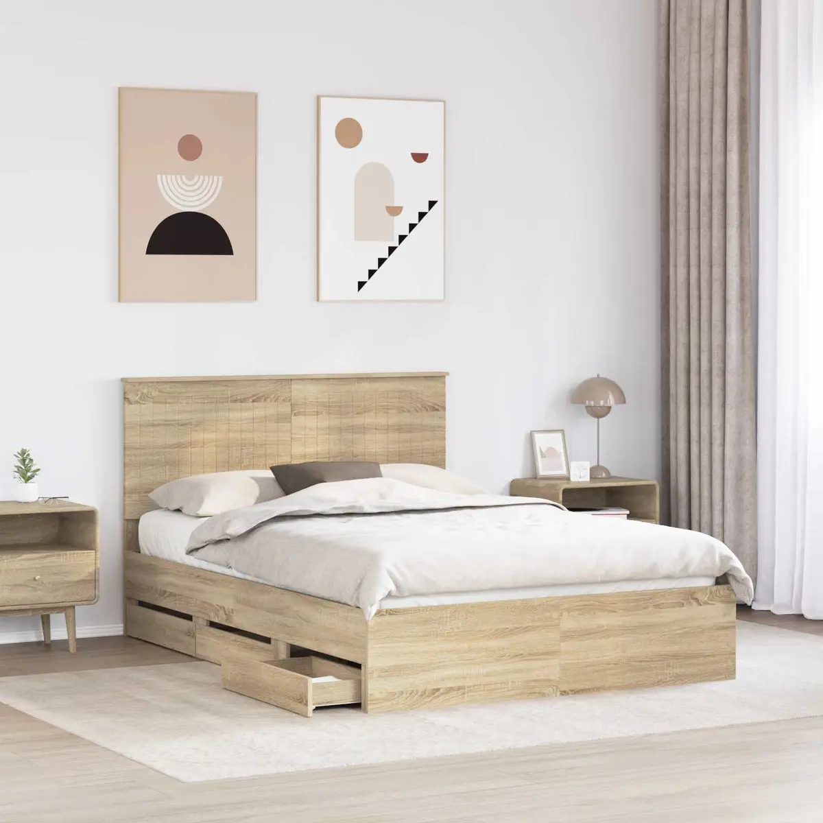 Bed Frame Free-standing Platform with Drawer Storage Engineered Wood 135 x 190 cm Sonoma Oak