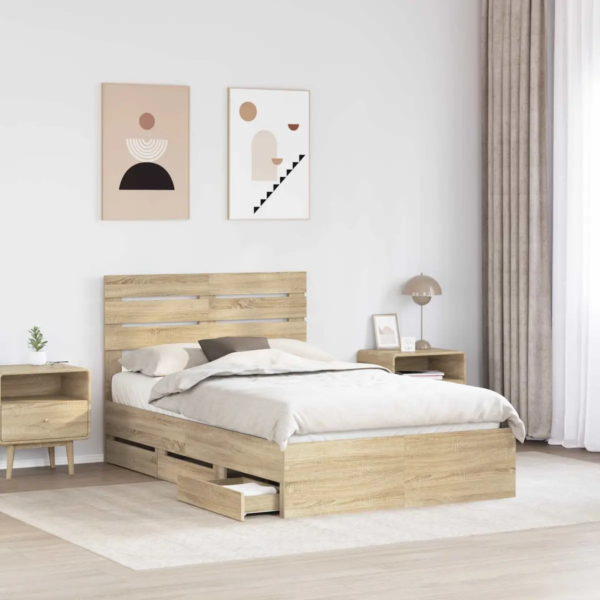 Bed Frame with Storage Drawer Sonoma Oak 135 x 190 cm Modern Bedroom Furniture