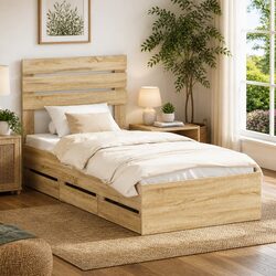 Bed Frame with Storage Drawer in Brown Engineered Wood