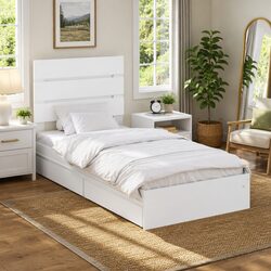 Storage Bed Frame with Headboard in White, 90 x 190 cm