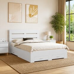 White Engineered Wood Bed Frame with Storage Drawers 150x200cm