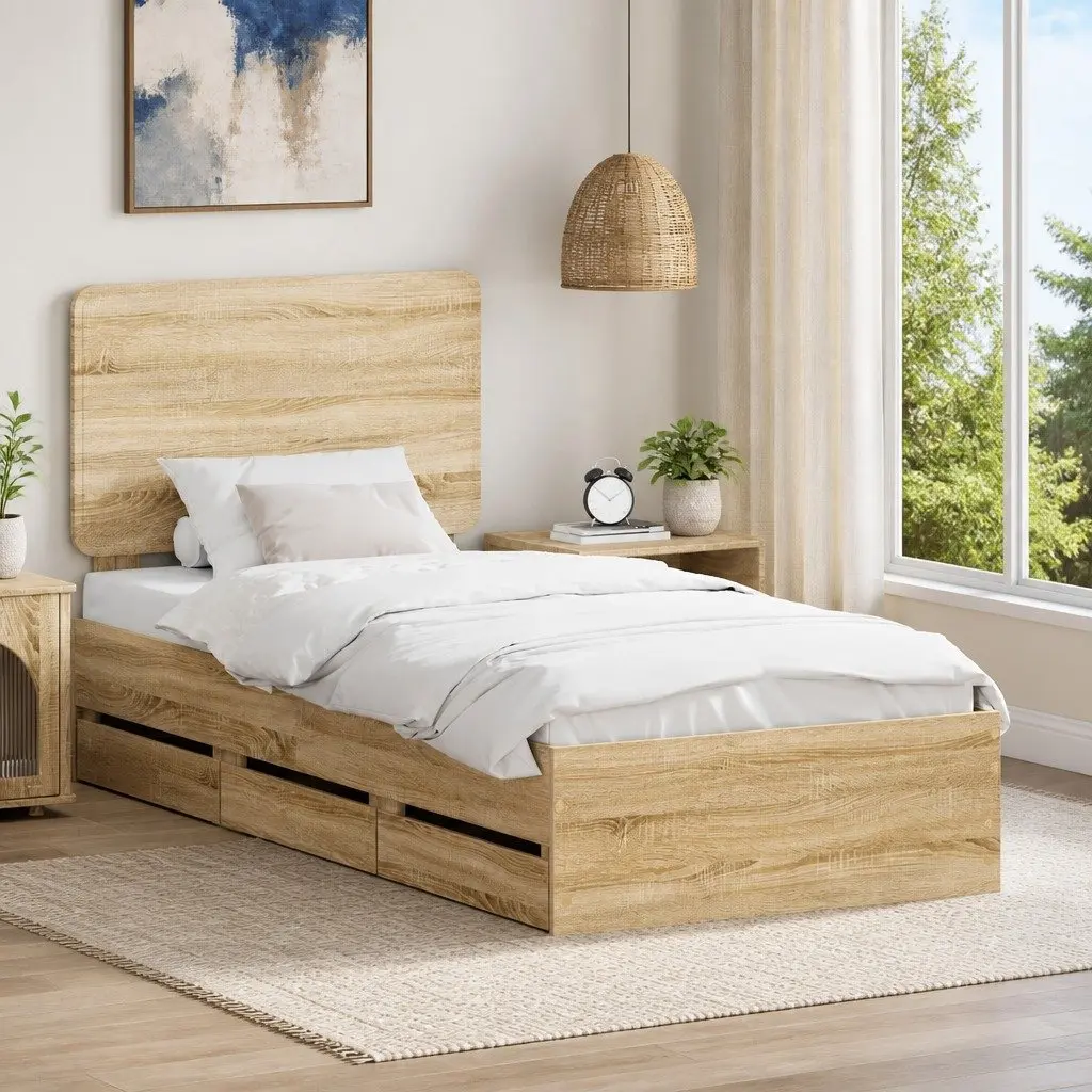 Bed Frame with Drawer Storage Engineered Wood Brown Contemporary Bedroom