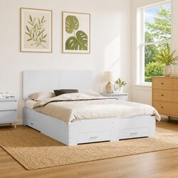 White Engineered Wood Bed Frame with Headboard Storage Drawers 150 x 200 cm