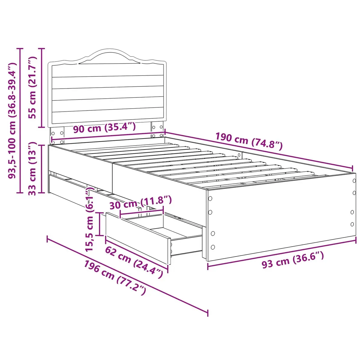 Bed Frame with Storage Drawer Modern Design Engineered Wood 90 x 190 cm Brown