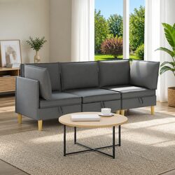 Grey Fabric 3-Piece Modular Sofa Set with Storage