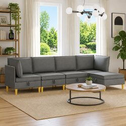 5-Piece Grey Modular Sofa Set with Integrated Storage