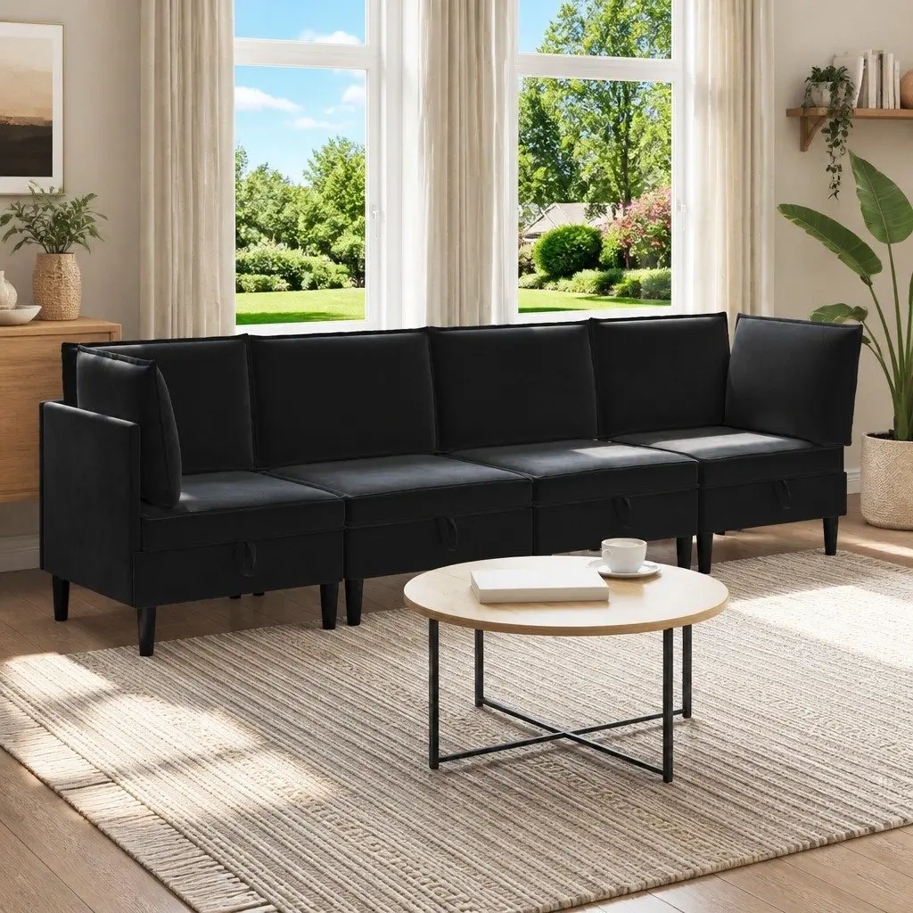 Living Room Set Cushioned Seating Storage 4 Piece Black Velvet
