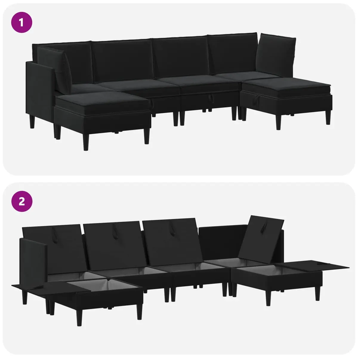 6PieceCushionedStorageSofaSetModernBlackVelvetLivingRoomFurniture