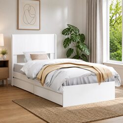 White Bed Frame with Integrated Storage Headboard 90x190cm