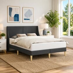 Modern Bed Frame with Fabric Headboard in Dark Grey