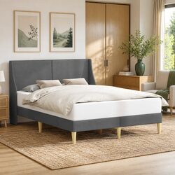Dark Grey Fabric Headboard Bed Frame with Plywood Base