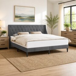 Sleek Bed Frame with Velvet Headboard for Modern Living