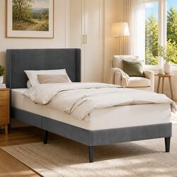 90 x 190 cm Bed Frame with Dark Grey Velvet Headboard