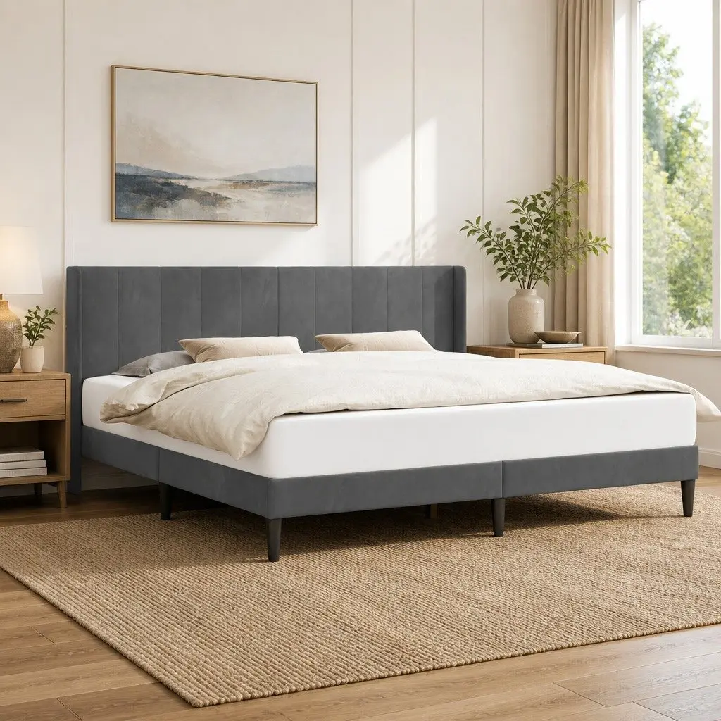 Bed Frame with Velvet Headboard Modern 180 x 200 cm Dark Grey