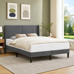 Bed Frame with Dark Grey Velvet Headboard and Slatted Base