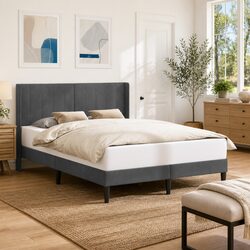 Dark Grey Velvet Headboard Bed Frame with Slatted Base