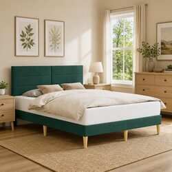 Rectangular Bed Frame with Fabric Headboard in Dark Grey