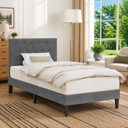 Velvet Headboard Bed Frame Dark Grey Plywood 90 x 190 cm