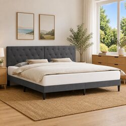 Dark Grey Bed Frame with Velvet Headboard 180 x 200 cm
