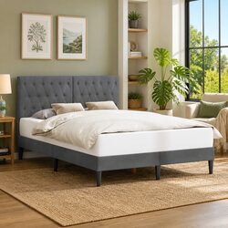 Modern Bed Frame with Dark Grey Velvet and Tapered Legs