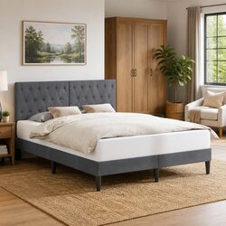 Sturdy Dark Grey Velvet Bed Frame with Plywood Base