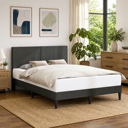 Bed Frame with Slatted Base and Corduroy Headboard Dark Grey 137x190cm