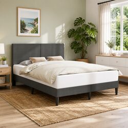 Corduroy Upholstered Bed Frame with Headboard, Dark Grey