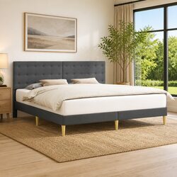 180 x 200 cm Bed Frame with Fabric Headboard in Dark Grey