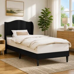 Black Bed Frame with Faux Leather Headboard 90 x 190 cm