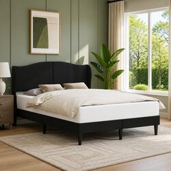 Modern Black Bed Frame with Faux Leather Headboard, Queen Size