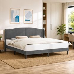 180 x 200 cm Bed Frame with Velvet Headboard in Dark Grey