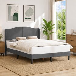 Modern Bed Frame with Dark Grey Velvet Headboard 137 x 190 cm