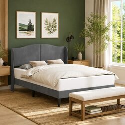 Velvet Upholstered Bed Frame with Headboard - Dark Grey 153 x 203 cm