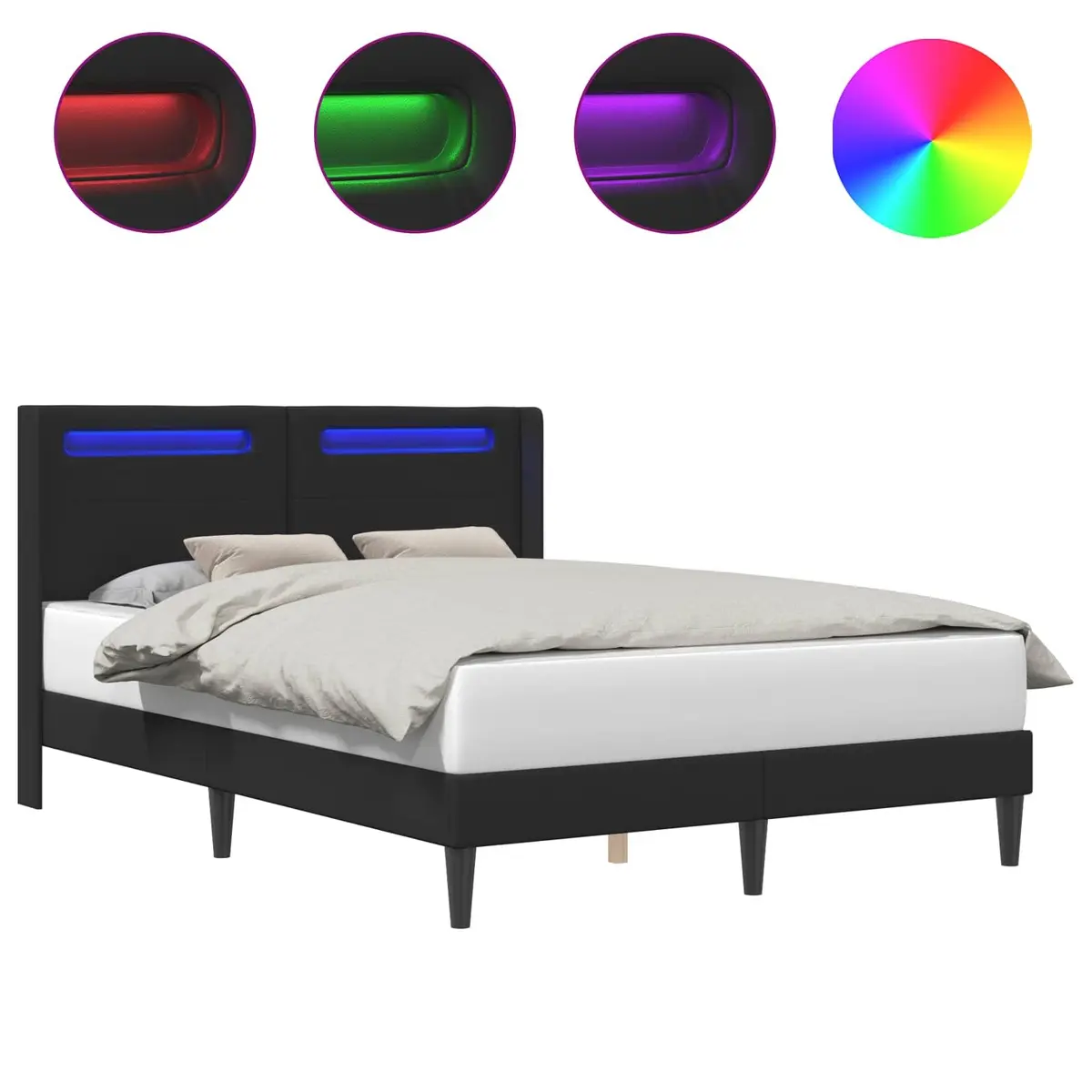 Bed Frame with LED Strip Lights Modern Black Faux Leather