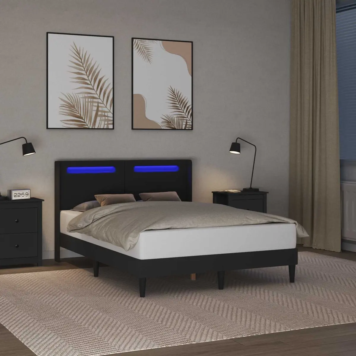 Bed Frame with LED Strip Lights Modern Black Faux Leather