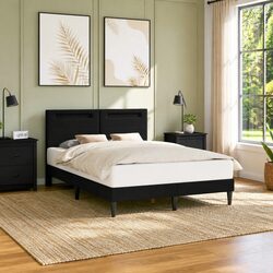 LED Black Bed Frame with Faux Leather Slatted Base
