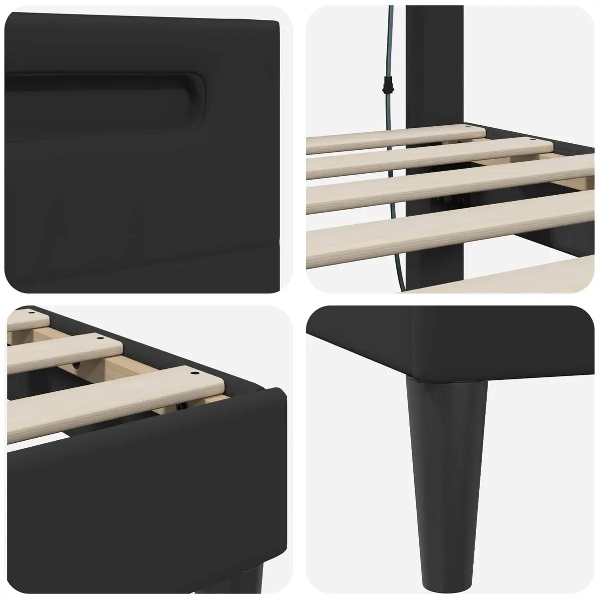 Black Bed Frame Faux Leather Modern Style Slatted Base LED Lighting USB Powered