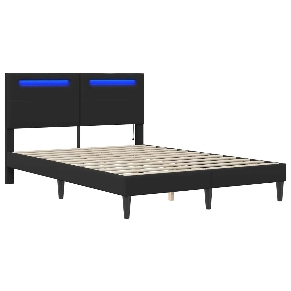 Faux Leather Bed Frame with LED Lighting Black 153 x 203 cm Slatted Base