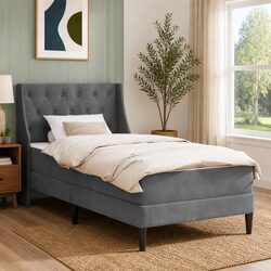 Grey Velvet Bed Frame with Integrated Mattress