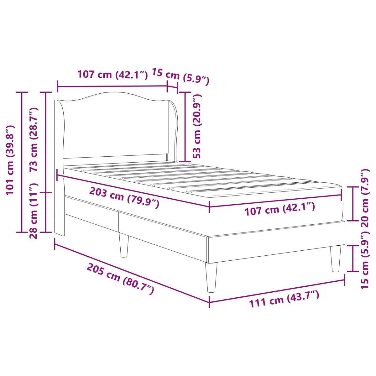Bed Frame with Headboard Black 107 x 203 cm Modern Bedroom Furniture Slatted