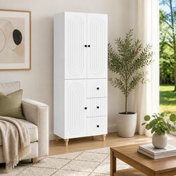 Two-Piece White Cabinet Set with Shelves and Drawers