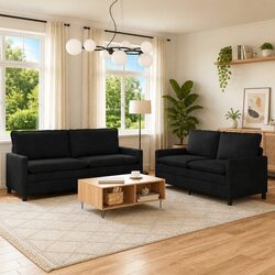 Black Velvet 2 Piece Sofa Set with Double Layer Cushions