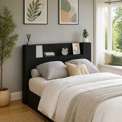 Engineered Wood Storage Headboard with Adjustable LED Lighting