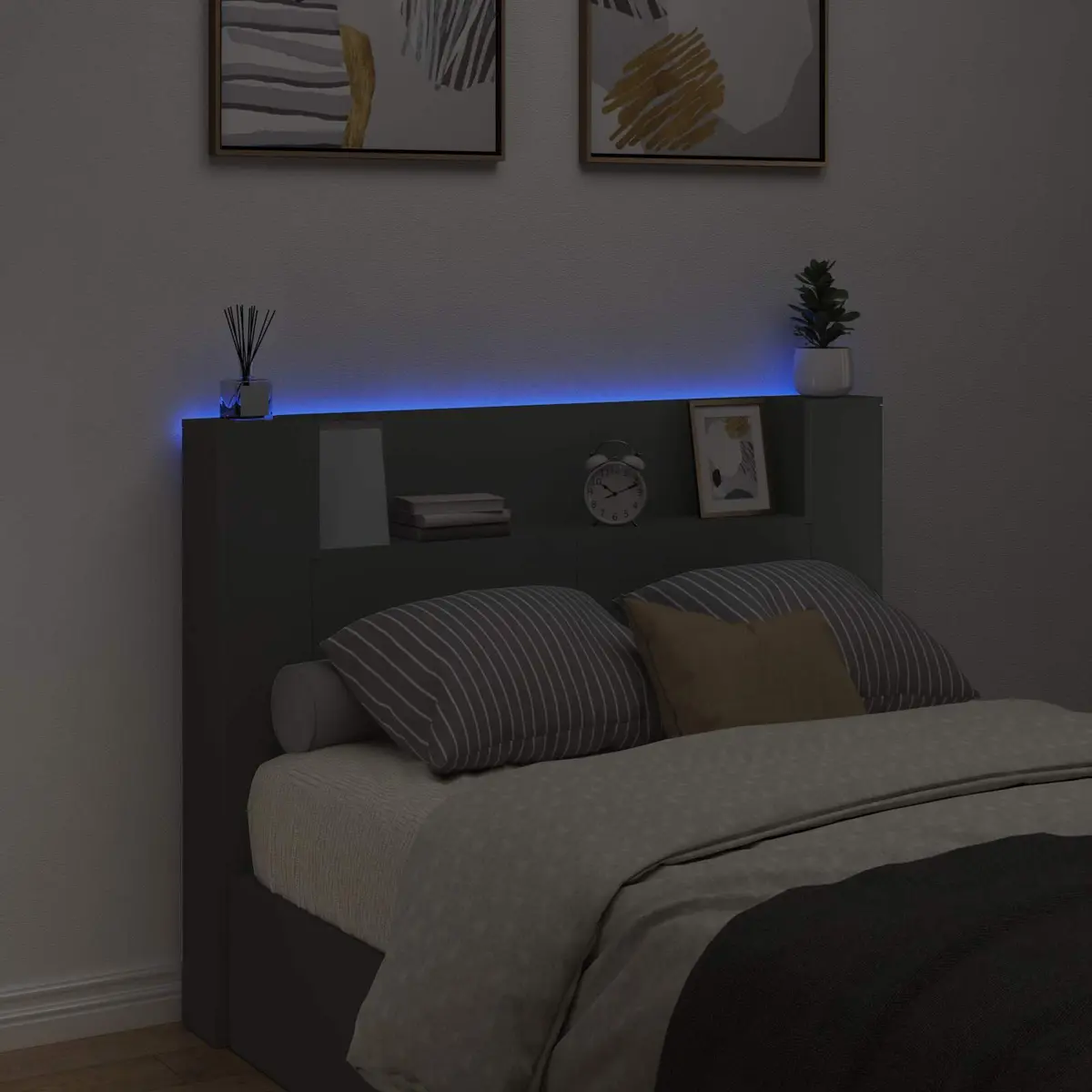 Storage Headboard with RGB LED Lights Bedroom Furniture Engineered Wood Black