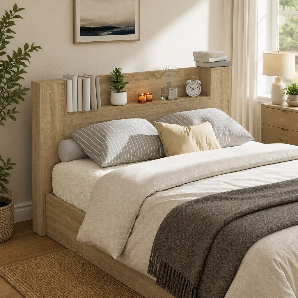 Storage Headboard with LED Lights Adjustable RGB Brown Engineered Wood