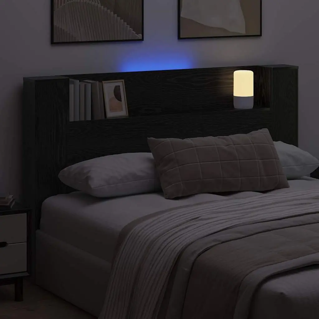 Storage Headboard with RGB LED Lights Integrated Shelf Engineered Wood Black