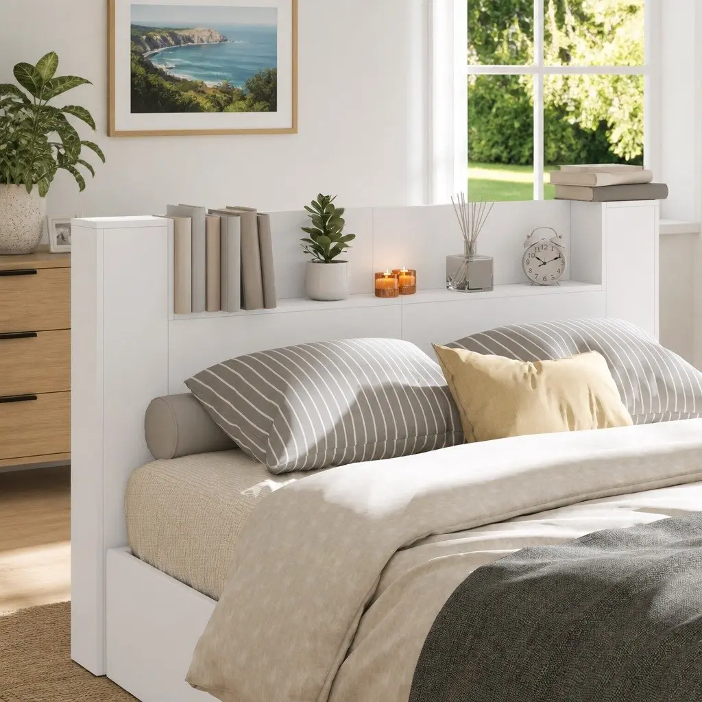 Storage Headboard with RGB LED Lighting Integrated Shelf White Engineered Wood