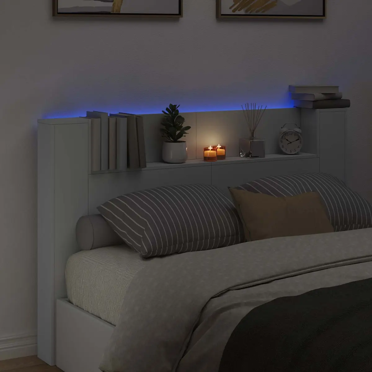 Storage Headboard with RGB LED Lighting Integrated Shelf White Engineered Wood